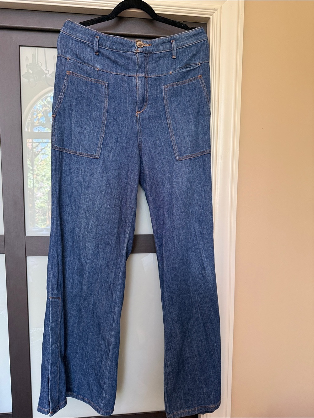 Pilcro Wide-Leg Patch Pocket Denim Jeans — Blue